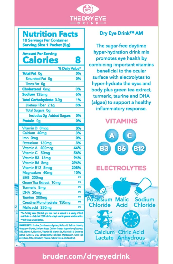 l Ultimate Hydration for Dry Eyes l Sugar-Free Electrolyte Powder Packets l Blended with Vitamins, Green Tea, Turmeric, Taurine, and DHA l 5g x 20 Packets (Strawberry Lemon AM/PM)