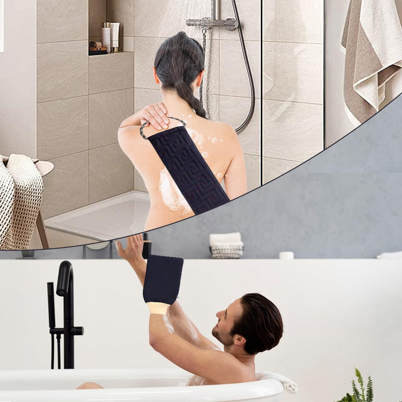 [Australia] - Back scrubber and peeling glove, exfoliating gloves, shower brush back, washing aid to remove dead skin, double-sided, 2 pieces of bath accessories for women and men, bath and shower (navy blue). 