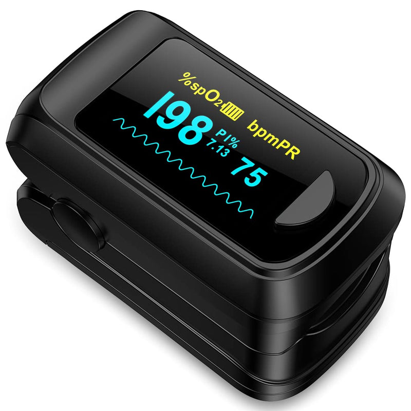 Fingertip Pulse Oximeter Blood Oxygen Monitor Pulse Ox, Heart Rate and Fast Spo2 Reading Oxygen Meter with OLED Screen Included Batteries and Lanyard black