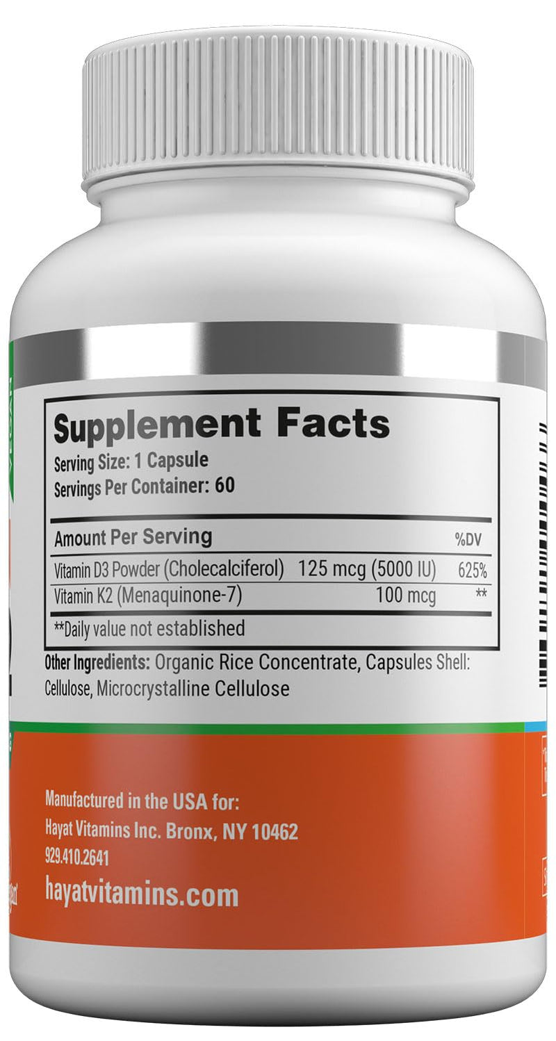 HAYAT Vitamins Vegan Vitamin D3+K2 (5000 IU + 100 MCG), Dietary Supplement for Bone, Teeth, Muscle and Immune Health Support, 2 Month Supply, Certified Halal, 60 Capsules, Made in The USA