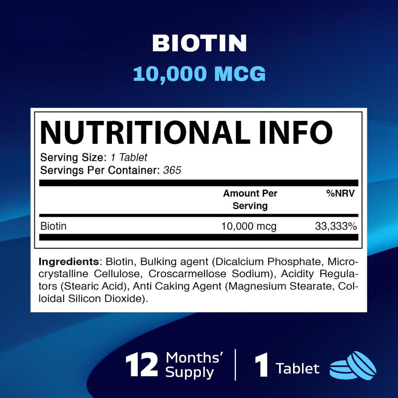 Vitamatic Biotin 10,000 mcg for Stronger Hair, Skin & Nails - 365 Vegan Tablets- Also Called Vitamin B7