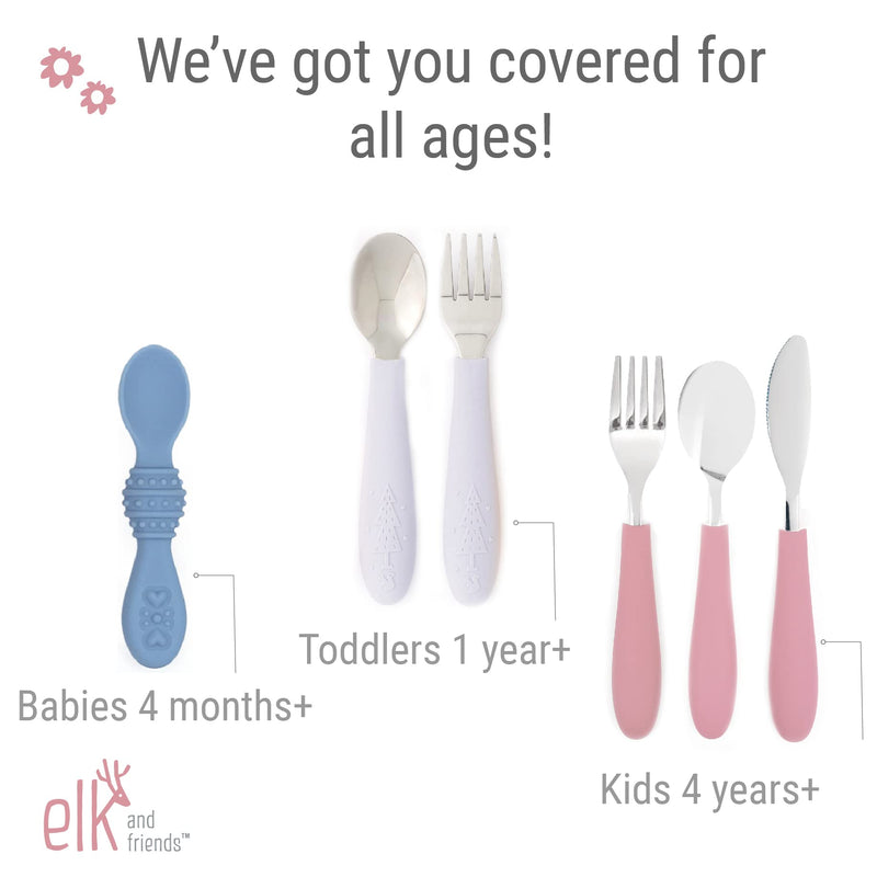 [Australia] - Elk and Friends Kids Silverware with Silicone Handle | Childrens Safe Flatware | Toddler Utensils | Baby Spoons + Forks | Stainless Steel Cutlery Sage/MistyBlue/Gray 