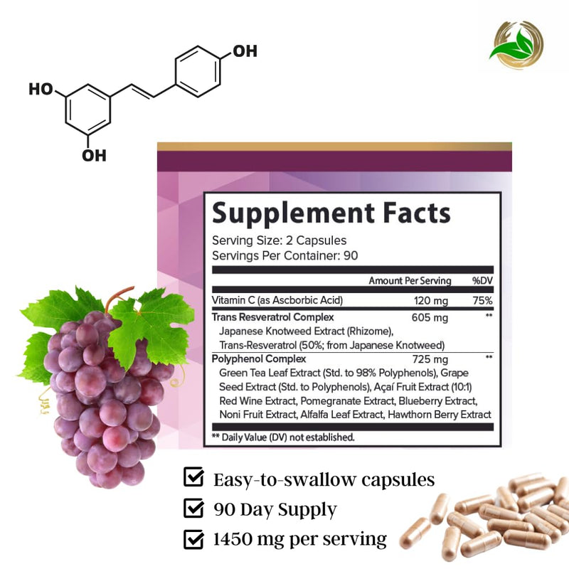 [Australia] - Resveratrol 1450mg Extra Strength Formula to Promote Better Skin and Immunity with Green Tea Extract,Grape Seed Extract,Red Wine Extract and Others 90 Days Supply 
