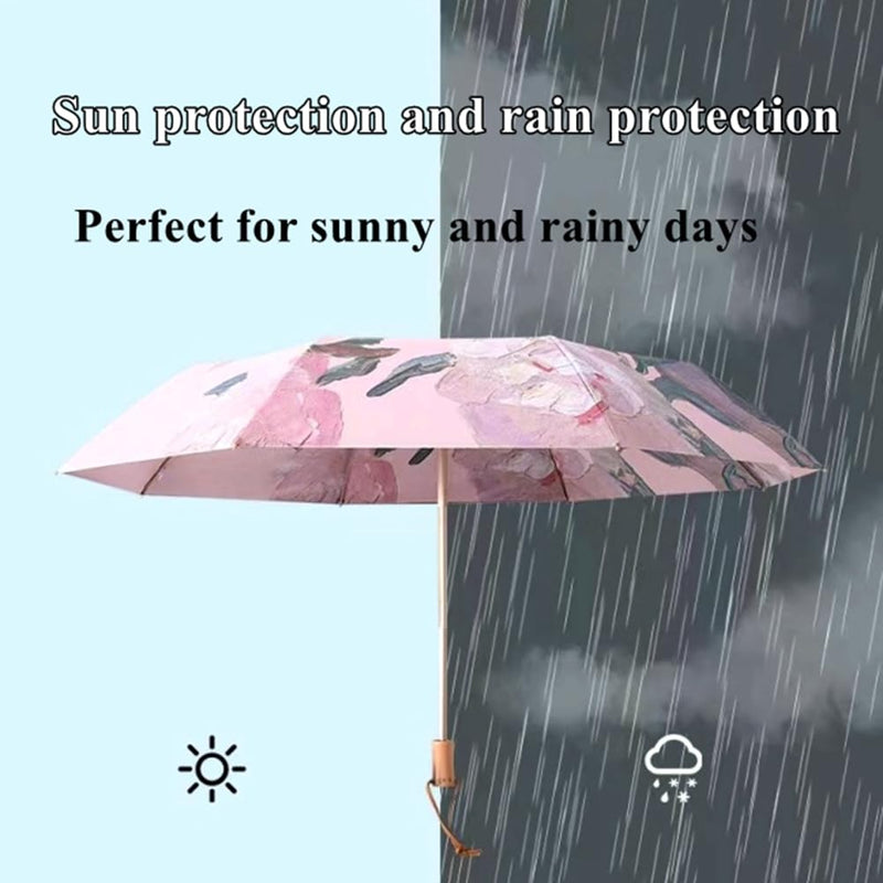 Dual-use Elegant Super Lightweight Manual Compact Travel Folding Umbrella For Rain Wind and Sun, Double-sided Printed Oil Painting Floral Umbrella UV Protection UPF50+