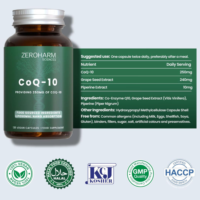 ZeroHarm Liposomal CoQ10 250mg with Grape Seed & Piperine – Heart, Energy & Antioxidant Support – Advanced Liposomal Absorption – Powered by Real Food Ingredients – 120 Vegan Capsules