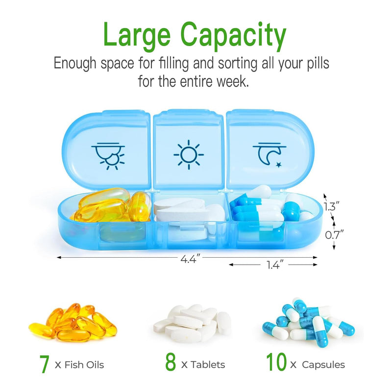 Portable Pill Organizer 3-Times-a-Day Pill Case, Weekly Medication Organizer with 21 Compartments, Travel-Friendly Medicine Box for Vitamins, Supplements, and Prescription Pills Clear
