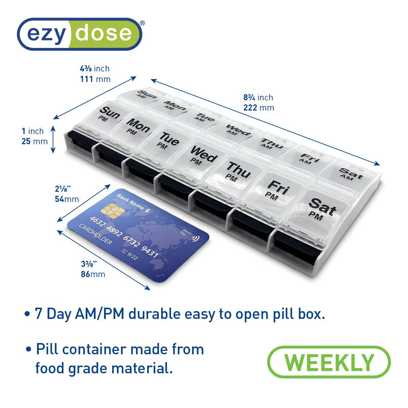 Ezy Dose Weekly (7-Day) AM/PM Pill Organizer, X-Large Case, Clear/Black | Daily Vitamin Box & Supplement Planner, 2 Times a Day Push Button Compartments, Arthritis-Friendly, Travel-Friendly, BPA-Free Black/Clear