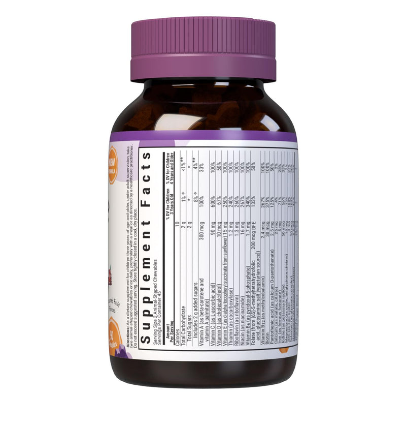 Bluebonnet Nutrition Rainforest Animalz Whole Food Based Multiple Chewable Tablets, Kids Multivitamin & Mineral, Vitamin C, D3, Iron, Gluten Free, Milk Free, Kosher, 90 Chewable Tablets, Mixed Flavors | Vegetarian, Kosher, Gluten-Free, Dairy-Free
