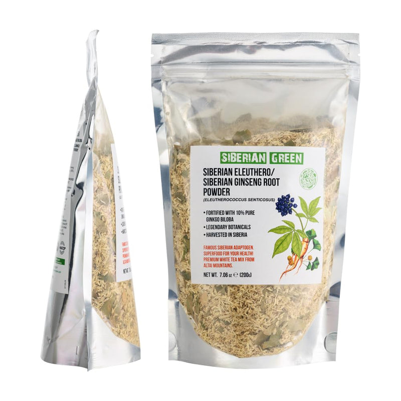 Siberian Ginseng Dried Root Cut Sifted Powder 200g (7.06 oz) Eleutherococcus Senticosus Siberian Eleuthero Pure Natural Fortified with Ginkgo Biloba