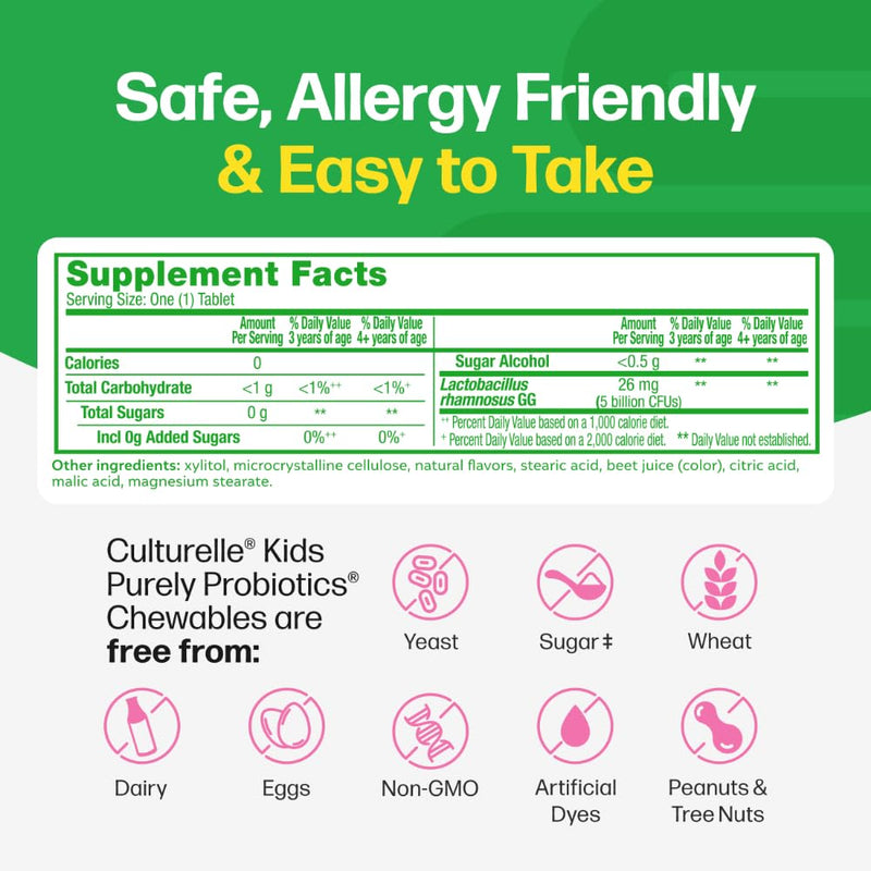 Culturelle Daily Chewable Probiotics for Kids Ages 3+, Berry Flavor, 30 Ct | From the #1 Pediatrician Recommended Brand± Promotes Digestive Gut Health, Oral Care & Immune Support* 5B CFUs, Gluten Free 30 Count (Pack of 1)