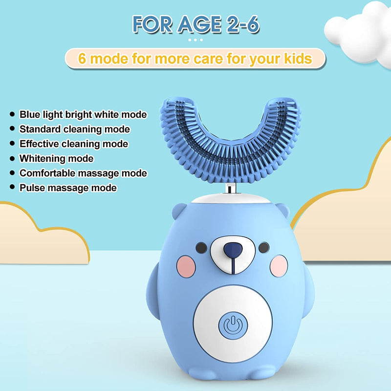 GASLIKE Kids Toothbrush Electric, U Shaped Ultrasonic Automatic Toothbrush with 2 Brush Heads, Six Cleaning Modes, Cartoon Modeling Design for Kids, Special for Birthday Gift (Blue, 2-7Age) Blue