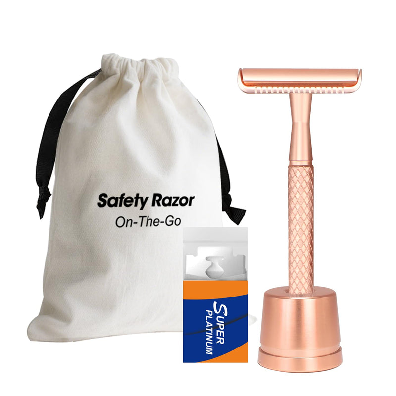 Rose Gold Safety Razor with Stand - Single Blade Razors for Women - Reusable Metal Razor, with 10 Double Edge Blades, Smooth & Close Shave Rose Gold Razor with Stand