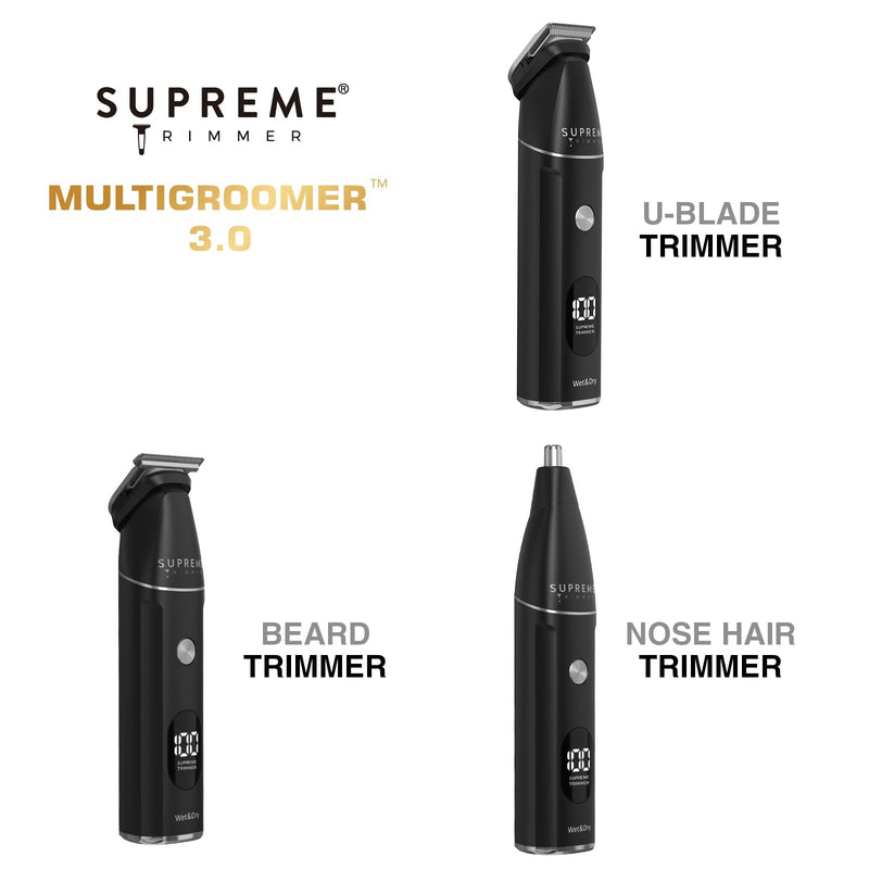 [Australia] - Supreme Trimmer All-in-One Waterproof Multigroomer for Men | Beard, Body, Pubic & Nose Hair Trimmer Kit | No-Nick LCD Grooming Clippers, Rechargeable Full Body Shaver | SMG3030 Black 