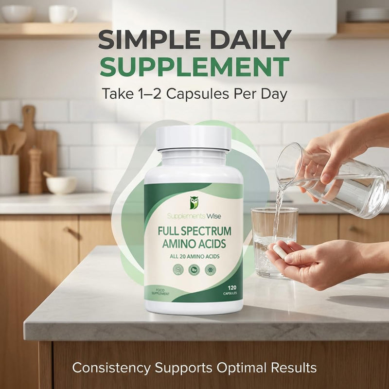 Full Spectrum Amino Acids Complex - 120 Powder Capsules - Free Form Amino Acid Supplements - Includes Essential (EAA) and BCAA for Optimal Benefits - Suitable for Vegans - Up to 4 Month Supply