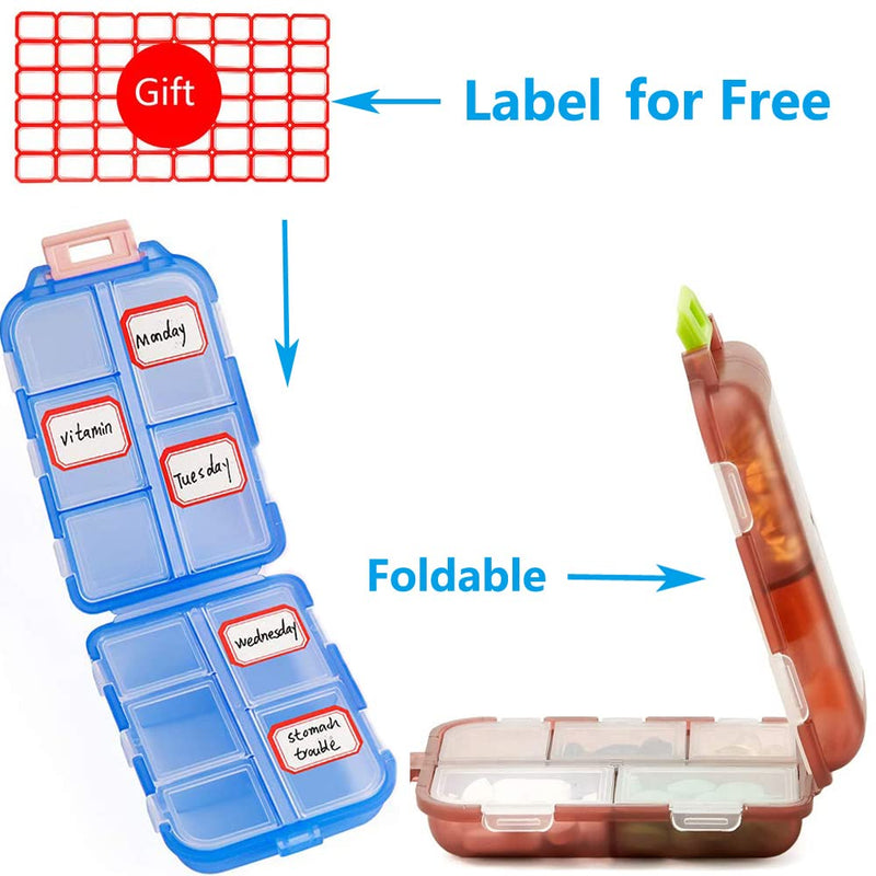 Pill Case (2 Pack) - Portable Small Supplements Tablet Container Box with 10 Compartments - Medicine Vitamin Organizer Dispenser Holder Storage for Travel Trip Pocket Purse(Blue+White) Blue+white