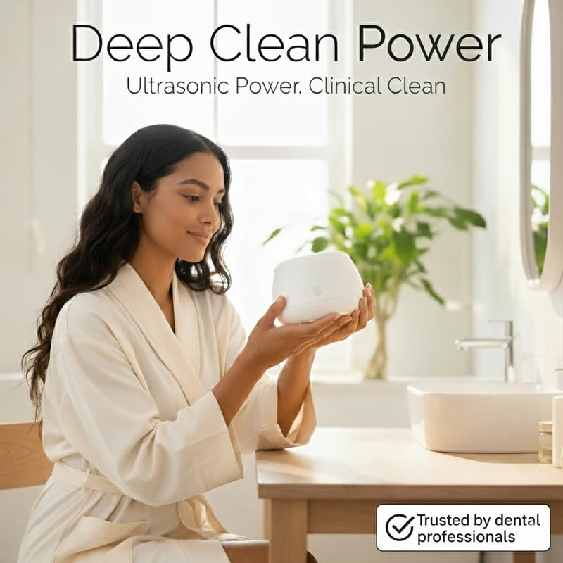 [Australia] - FIONA JAMES 48kHz Ultrasonic Retainer Cleaner with UV | Professional Sonic Dental Cleaning Pod for Aligner, Night Guard, Denture & Jewelry | White 