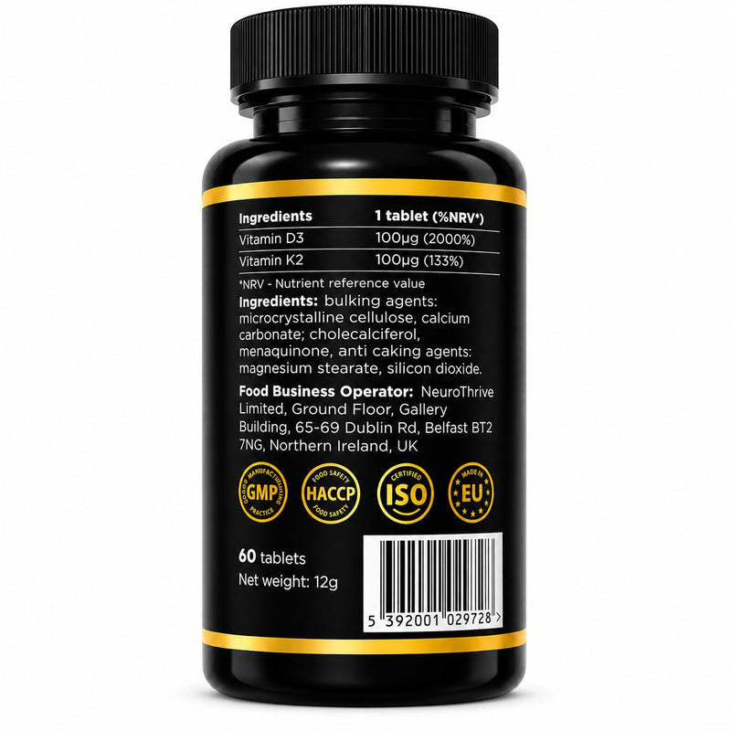 D3 + K2 | Vitamin D3 4000 IU + Vitamin K2 100µg | Immune, Bone & Muscle Support | 60 Vegetarian Tablets | 2 Month Supply