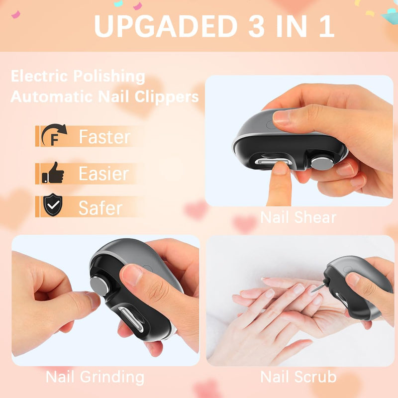 [Australia] - Electric Nail Clipper with Polishing, RIMOL 3-in-1 Automatic Nail Trimmer with LED Light & Nail Scraps Storage, Painless Grooming for Adults, Seniors, Women, Men and Kids (Matte Gray & Black) 
