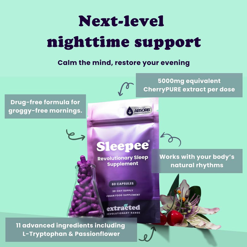 Sleepee Natural Nighttime Sleep Support - with Montmorency Cherry, Lemon Balm, L-Tryptophan & Magnesium - 60 Vegan Capsules, UK-Made 60 count (Pack of 1)