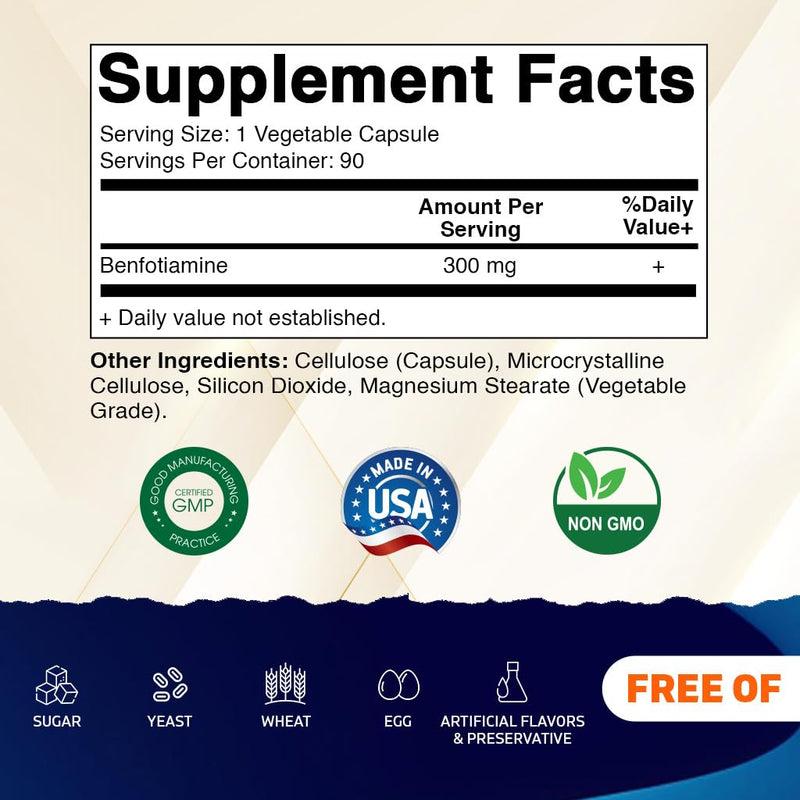 Vitamatic Benfotiamine 300 mg, 90 Vegetarian Capsules - 3 Pack | Fat Soluble Form of Vitamin B1, Supports Healthy Energy Metabolism and Nervous System*, Non-GMO, Gluten Free, Made in USA 3 Bottles