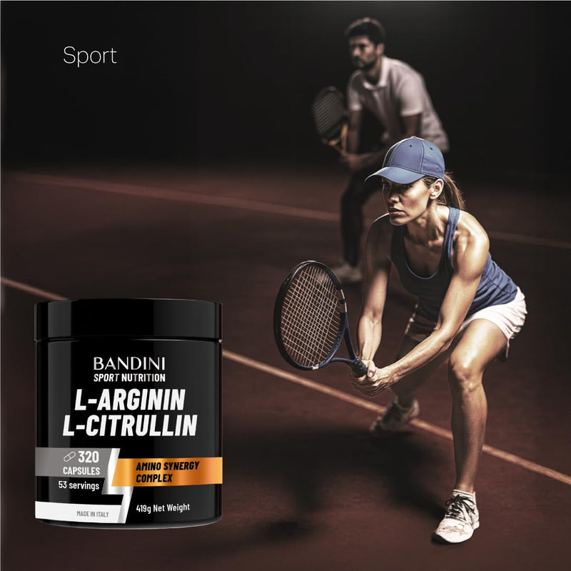 Bandini® L-Arginine + L-Citrulline 320 Capsules (1100 mg per Capsule), Arginine + Citrulline Malate Complex High Strength for Pre-Workout, Gym, Endurance, Muscle Recovery, Semi-Essential Amino Acids