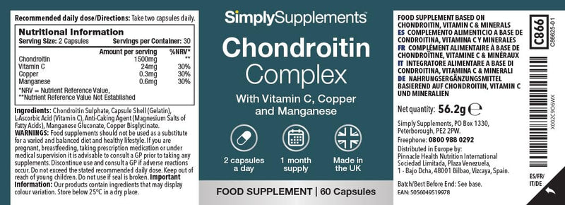 Chondroitin Complex with Vitamin C, Copper & Manganese | Advanced Bones, Joint & Immune Support | 60 Capsules | UK-Made & GMP Certified