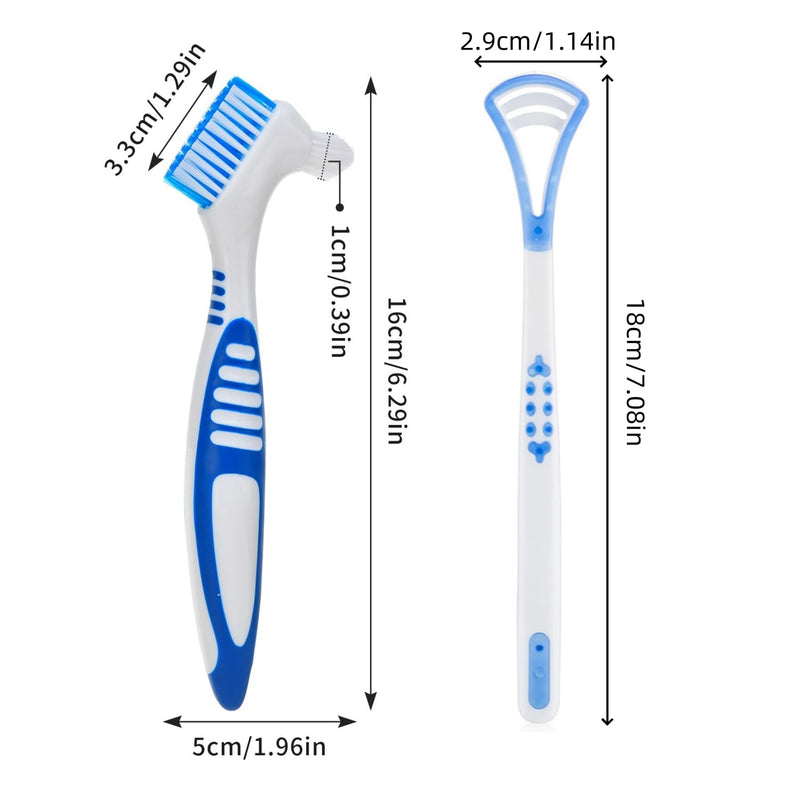 [Australia] - Pack of 4 Denture Cleaning Brush, Double Head Toothbrushes for Cleaning, Portable Denture Cleaning Brushes, Denture Brush with 2 Tongue Cleaners, Multi-Layer Bristles and Ergonomic Rubber Handles 