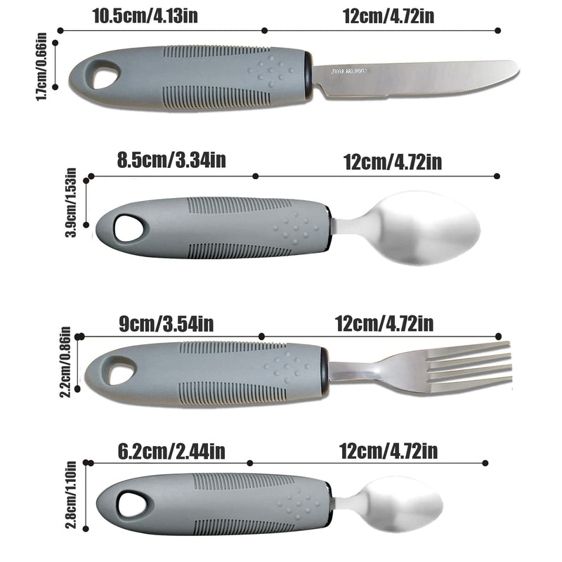 Easy Grip Cutlery Set of 4 Gray Disability Aids with Knife Fork Spoon Large Wide Handled Arthritis Hands Aids Cutlery Adaptive Eating Drinking Utensils for Disabled People Elderly Parkinson