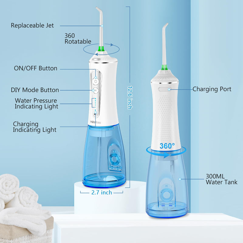 [Australia] - H2ofloss Water Dental Flosser for Teeth Cordless,300ML Portable & IPX7 Waterproof Teeth Cleaner Picks,5 Modes Rechargeable Oral Irrigator with Refilled Nozzle for Home/Travel White 