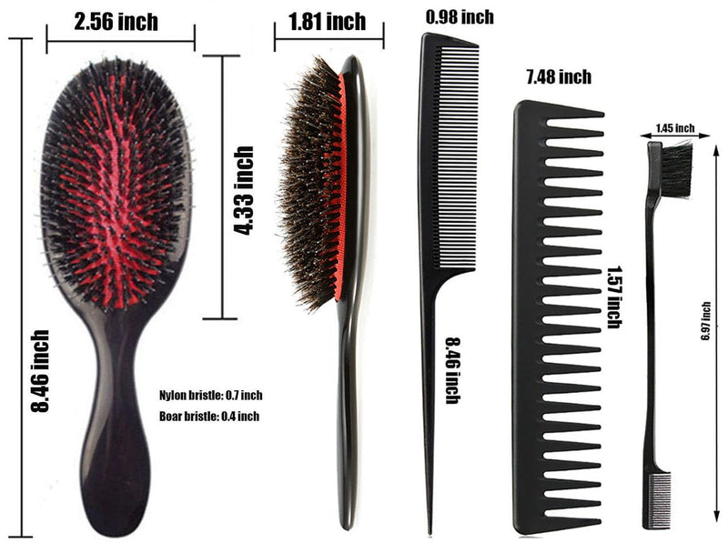 ﻿Boar Bristle Detangling Paddle Hair Brush and Comb Set for Women Men, Anti-frizz Styling Hairbrush for Curly Fine Wavy Natural Tangled Hair, Boar Nylon Bristle Cushioned Brush 1.0