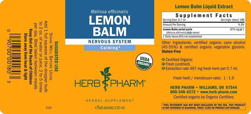 [Australia] - Herb Pharm Certified Organic Lemon Balm Liquid Extract for Calming Nervous System Support, Organic Cane Alcohol, 4 Ounce 4 Fl Oz (Pack of 1) 
