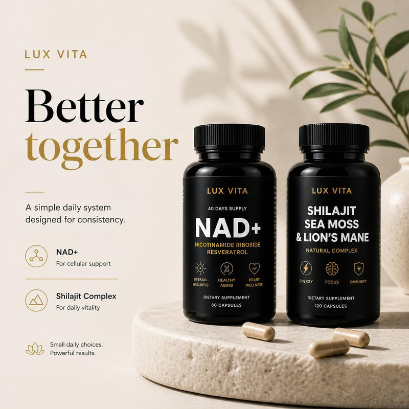 LuxVita NAD+ Supplement | 500mg Nicotinamide Riboside (NR) with Quercetin Phytosome & Trans-Resveratrol | NAD Supplements UK | Cellular Energy, DNA Repair & Healthy Ageing | 80 Vegan Capsules