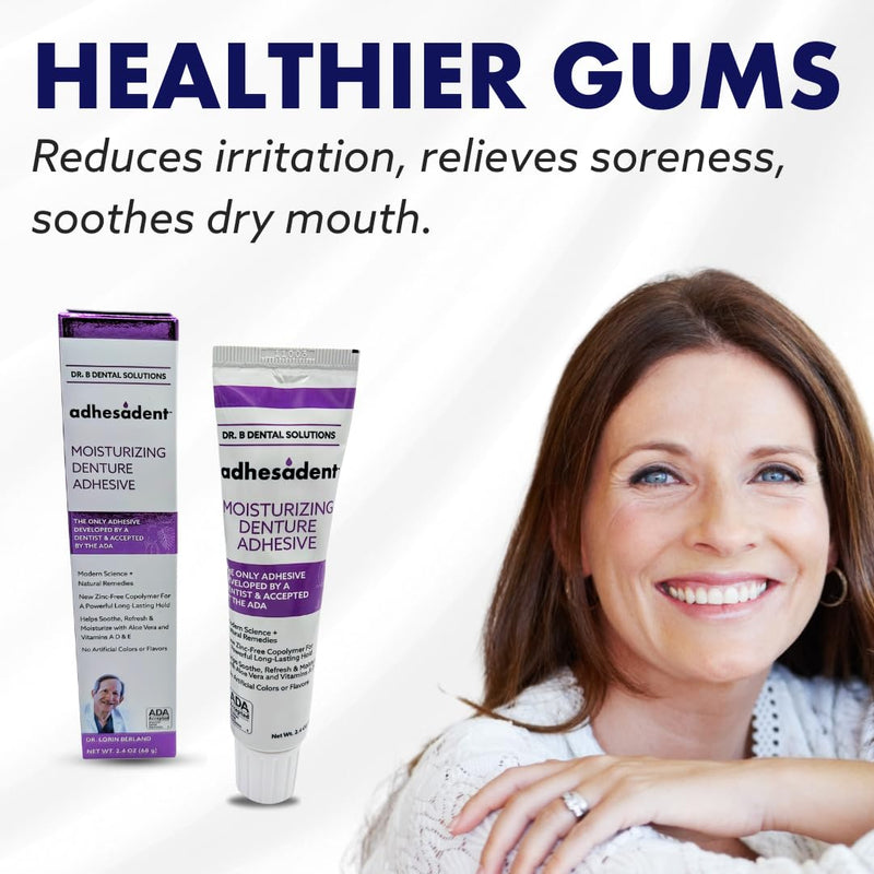 [Australia] - Dr. B Dental Solutions Adhesadent Moisturizing Denture Adhesive - Secure Denture Glue with Strong Grip & Natural Taste - Zinc-Free Dental Adhesive for Dentures, Overdentures - 2.4 oz 2.4 Fl Oz (Pack of 1) 