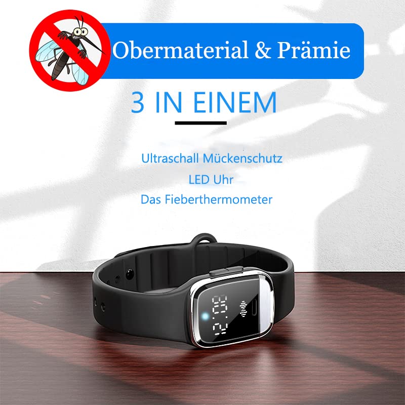 [Australia] - Feloyal Mosquito Repellent Bracelets, Body Temperature Display and Waterproof Ultrasonic USB Rechargeable Anti Mosquito Watch for Indoor and Outdoor Use, Suitable for Adults and Children (Black) 