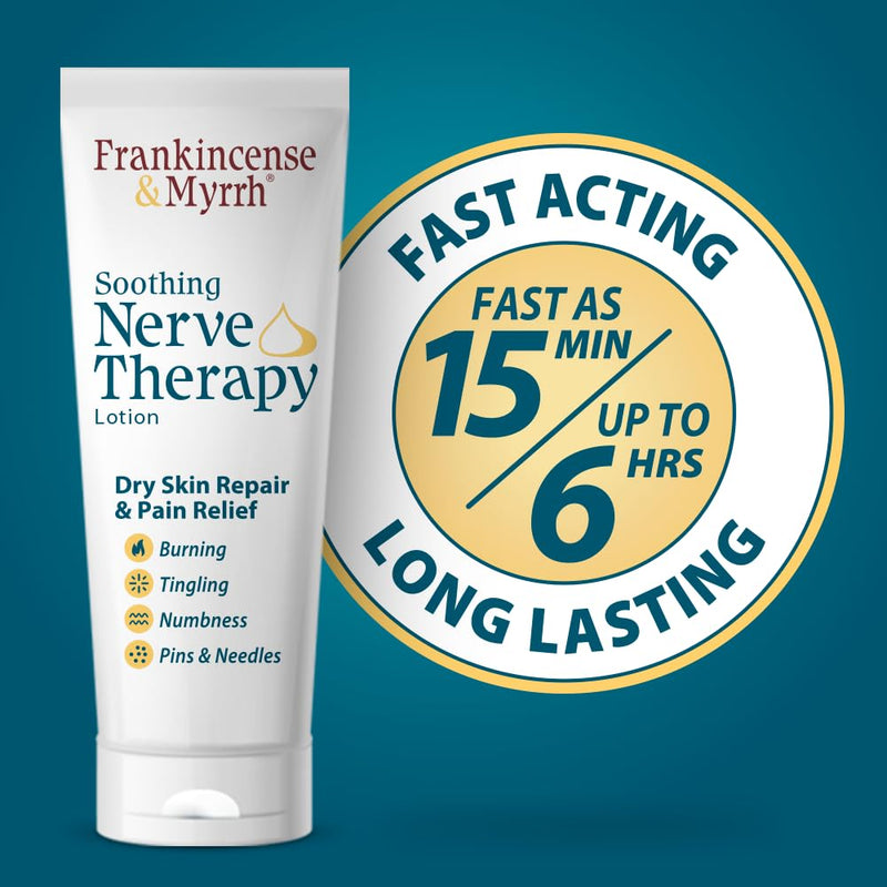FRANKINCENSE & MYRRH Nerve Therapy Lotion,Diabetic Hands & Feet Relief, 3oz | Menthol + 9 essential oils relieve burning, tingling & numbness while moisturizing dry skin on hands and feet. Diabetes safe. 1 pack