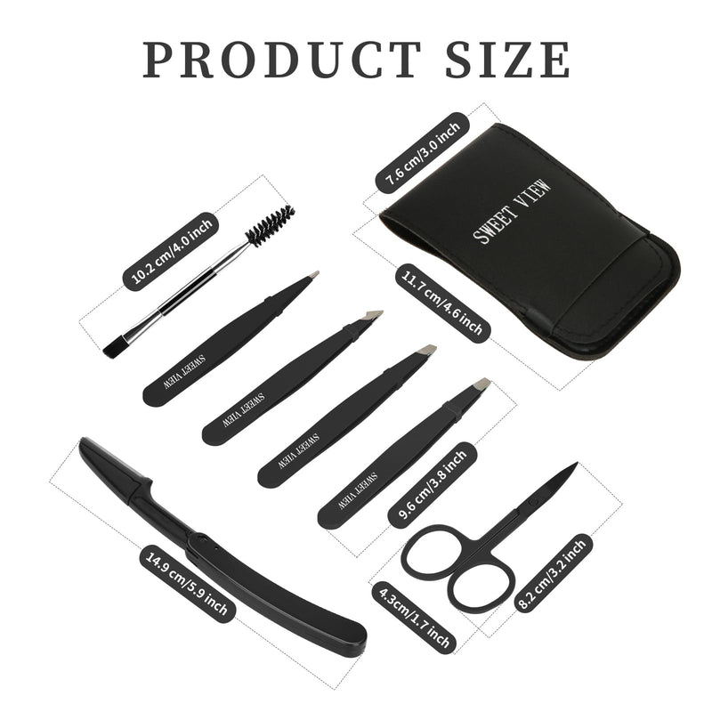 [Australia] - SWEET VIEW 7 Piece Tweezer Set Eyebrow Plucker for Women Men Face Brow Chin Ingrown Hair (Black) Black 