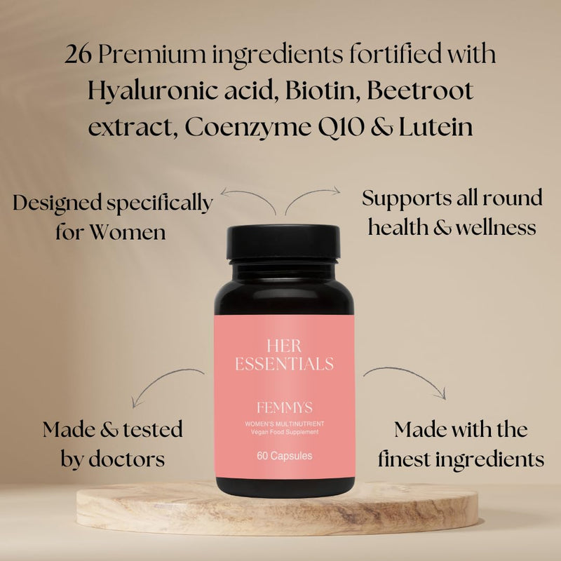 Women’s Multivitamins & Minerals with Hyaluronic Acid & Biotin | 26 Essential Vitamins, Minerals & Botanicals | Optimal doses | Vegan & Gluten Free | No Synthetic fillers | 60 Caps | Her Essentials 60 count (Pack of 1)