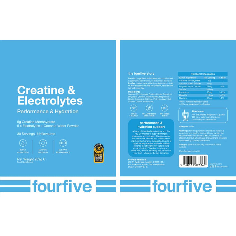 fourfive Creatine & Electrolytes Powder (Creatine Monohydrate) Easy Dissolve, Unflavoured & Vegan, Hydration & Strength Performance - 206g Pouch (30 Servings)