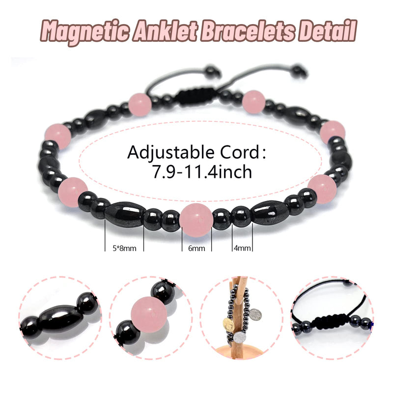 Hion 2 Pack Magnetic Therapy Anklet Bracelet Plus 1 Pack Magnetic Bracelet for Women/Men Pain Relief,Anxiety, Love Attraction, Magnetic Therapy Hematite Rose Quartz Gemstone Anklet Bracelet Set Magnetic Hematite & Rose Quartz