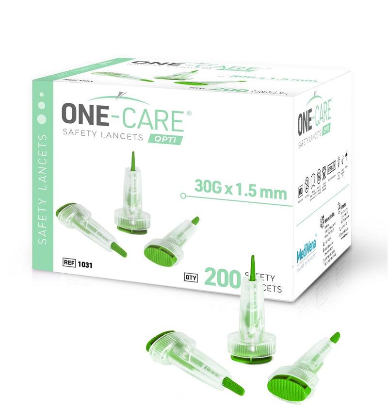 [Australia] - 200 Count: ONE-CARE Opti Safety Lancets, Top Button Activated, 30G x 1.5mm, Auto-Retractable, Sterile, Single Use, Ideal for Blood Testing, Ultra-Thin for Comfort 