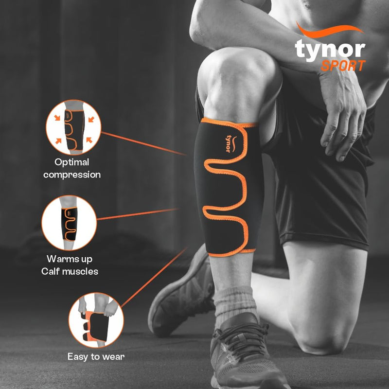 [Australia] - TYNOR Calf & Shin Compression Sleeves for Men and Women Neoprene Calf Brace Adjustable Shin Splint Support - Lower Leg Compression Wrap for Pain Relief, Muscle Swelling, One Size, 1 Unit Black & Orange UN 