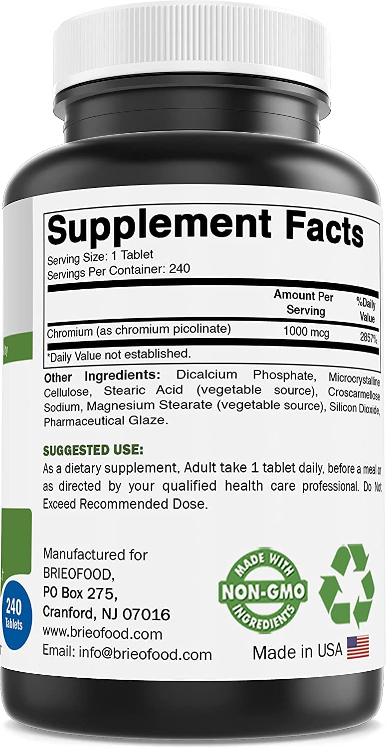 [Australia] - Brieofood Chromium Picolinate 1000 mcg Pills - 240 Tablets - 240 Servings - Non-GMO, Gluten Free 