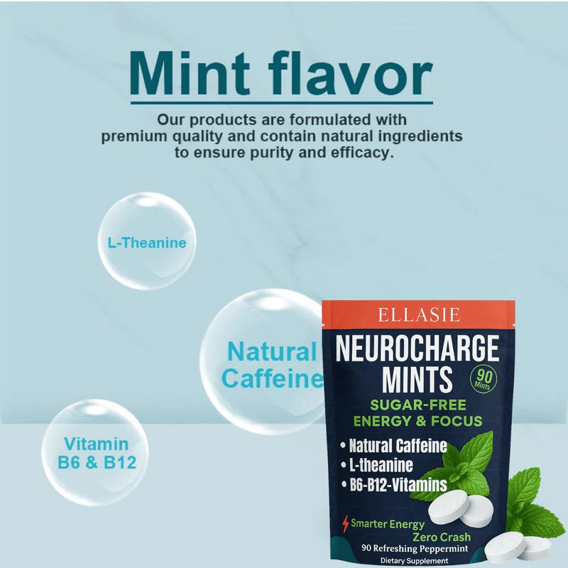 NeuroCharge Bullet Mint Chews (Gum Alternative) Peppermint 90 Sugar Free | 80mg Natural Caffeine + 120mg L-Theanine per Serving | Vitamin B12 & B6 | Work Study Gym Gaming | Ellasie