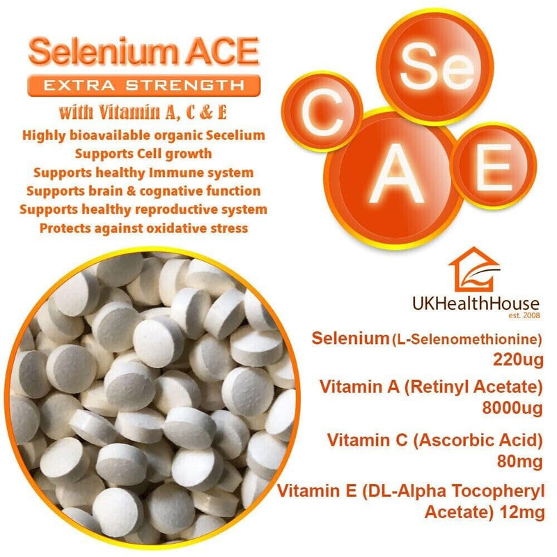 UKHealthHouse Premium - Selenium 220mcg ACE Tablet Vitamin A+C+E Immune Health Skin Hair Nails (180) 180 count (Pack of 1)