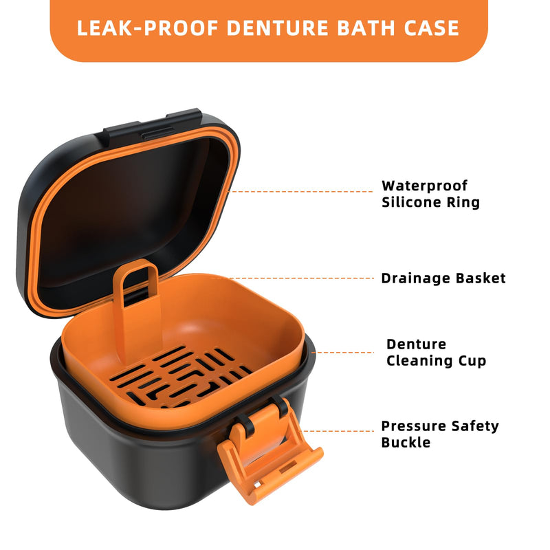 ARGOMAX Leak Proof Denture Bath Cup, Portable Soaking Denture Box, Denture Bath Case with Strainer, for Dentures and Braces (Black + Orange). Black Shell + Orange