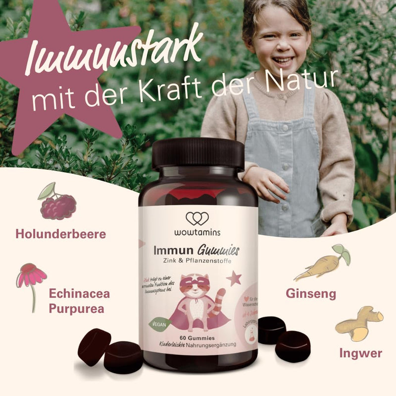 [Australia] - wowtamins Immune Gummies - Zinc & valuable plant extracts for the immune system (30-day supply) - Dietary supplement with elderberry, ginger & more - Vitamin Gummies for children & adults 60 pieces (pack of 1) 
