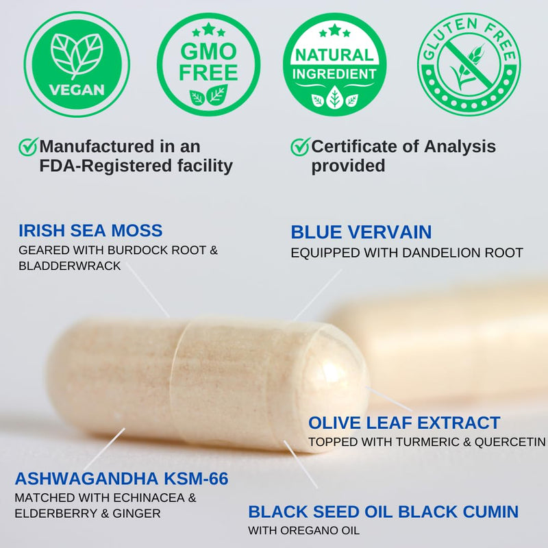 [Australia] - Organic Sea Moss, Blue Vervain - with Black Seed Oil, Ashwagandha, Ginger, Burdock Root Capsules - 1250mg per serving, USA Made &Tested* Immune Booster for Adults 