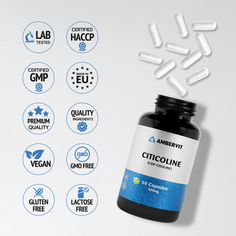 Citicoline (CDP Choline) 500 mg – 60 Capsules – High Strength for Memory, Focus & Mental Performance – No Artificial Additives – 2-Month Supply | Ambervit