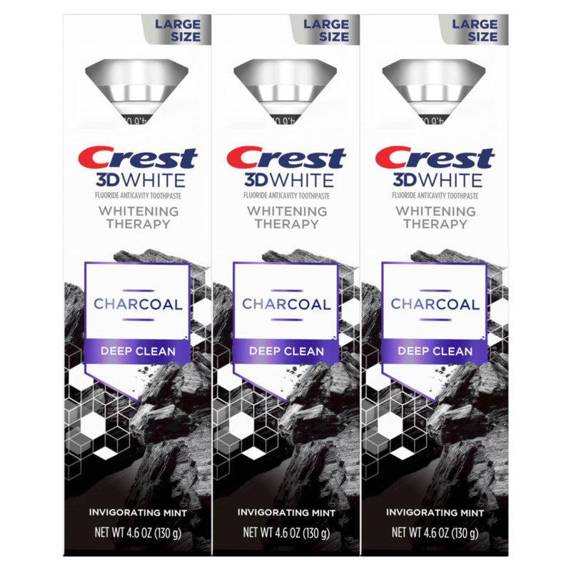 [Australia] - Crest 3D White Whitening Therapy Charcoal Deep Clean Invigorating Mint Teeth Whitening Toothpaste, 4.6 oz Pack of 3, Anticavity Fluoride Toothpaste, Gently Brightens Teeth, Strengthens Enamel 