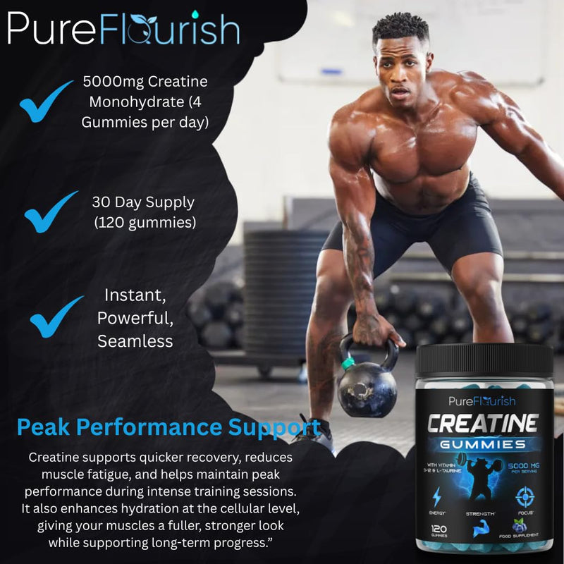 Creatine Gummies 5000mg Creatine monohydrate with 1000mg L-Taurine & 200mcg Vitamin B12 per Serving. (1 Month Supply). Vegan, Sugar-Free Gym Support for Performance & Muscle Power. Blueberry 1 count (Pack of 120)